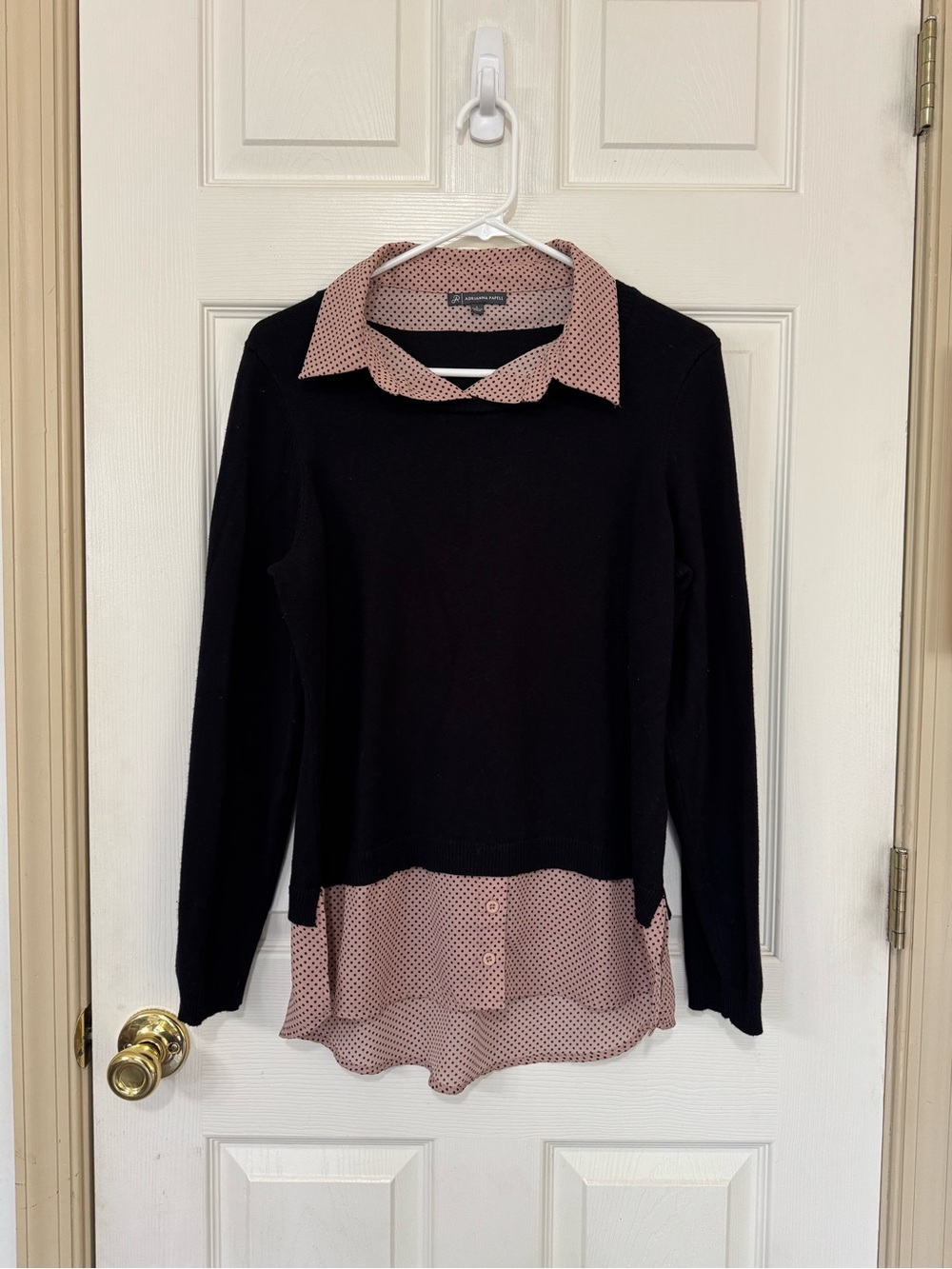 Adrianna Papell Layered 2 in 1 Sweater Blouse Black Pink Polka Dot Top Large